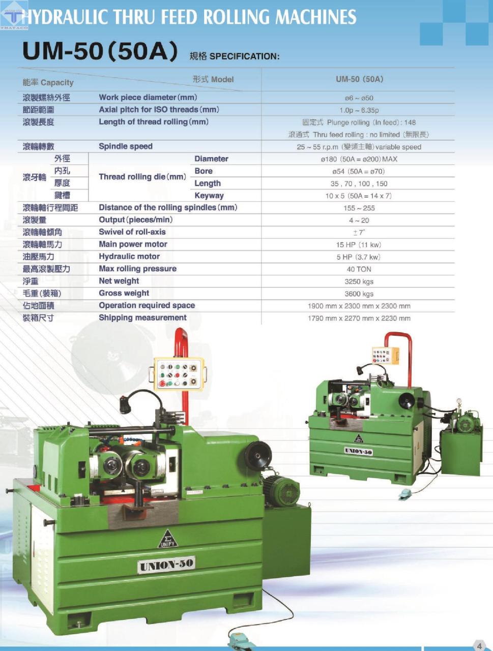 thông số Máy Cán Ren Máy Cán Ren Unify UM-50 (50A)