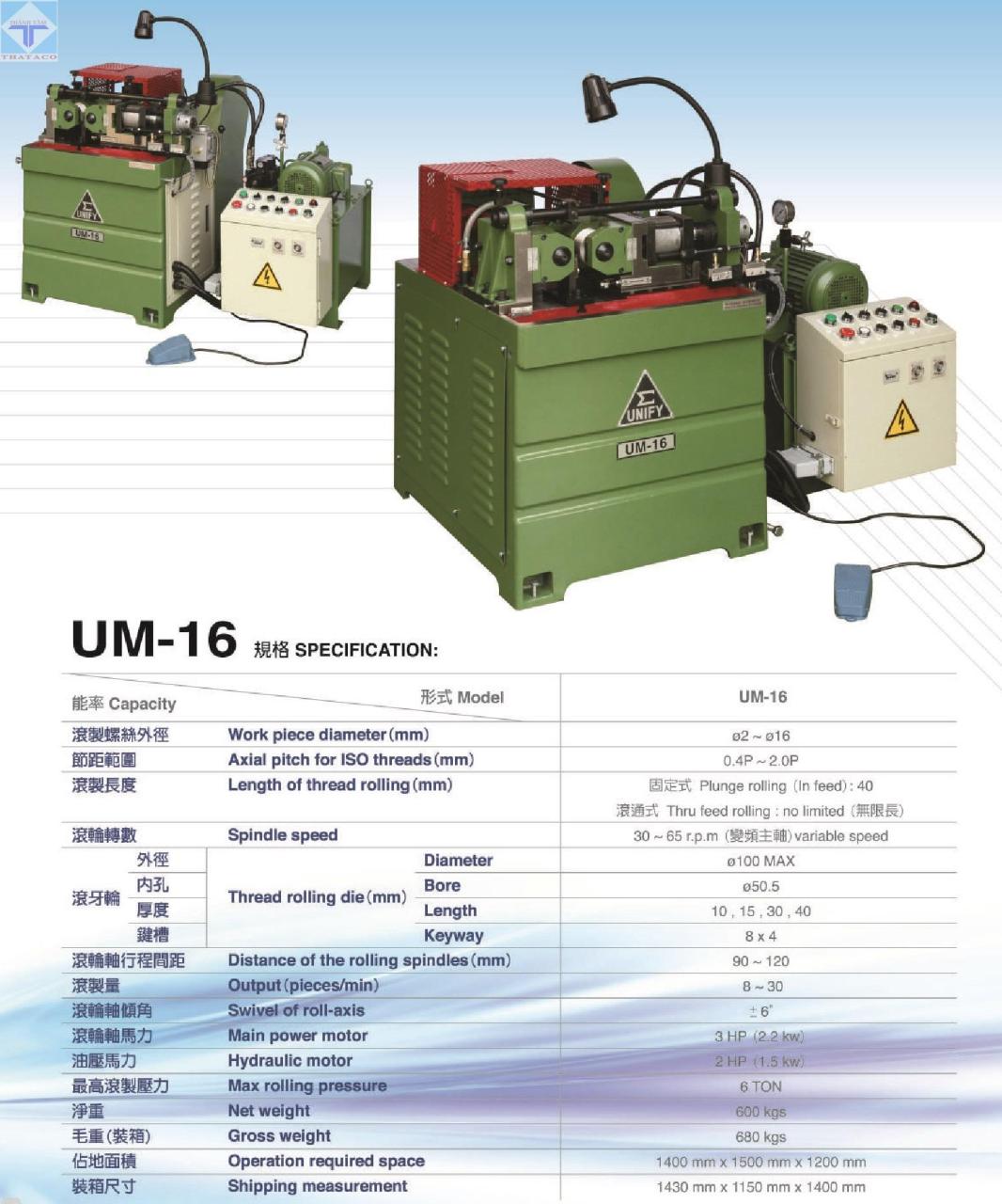 Thông số Máy Cán Ren Unify UM-16