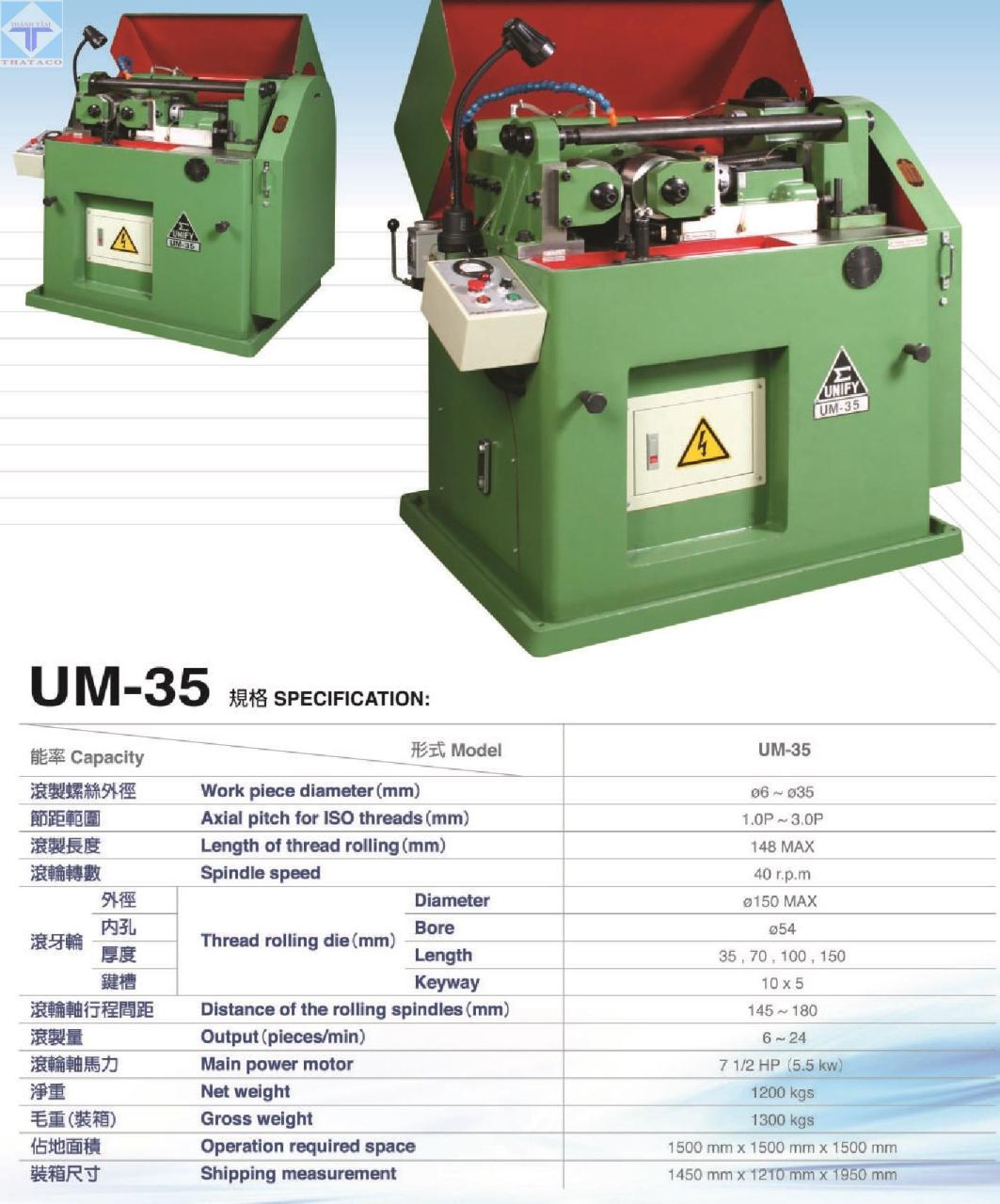 Thông số Máy Cán Ren Unify UM-35
