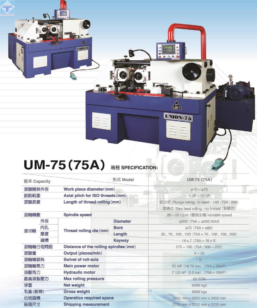 Thông số Máy Cán Ren Unify UM-75 (75A)
