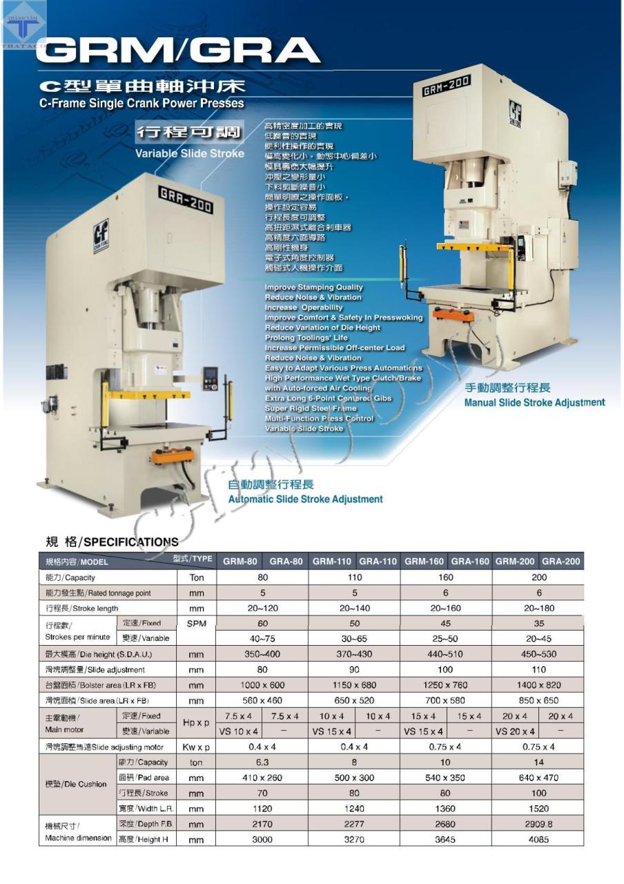 Thông số Máy Dập 1 Trục Khuỷu GRM&nbsp; GRA Series Khung Chữ C