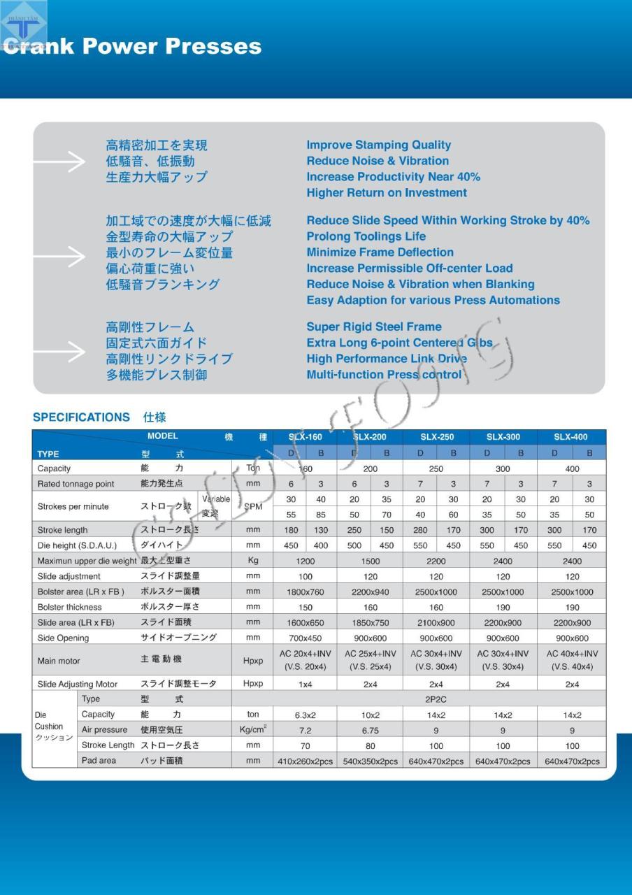 thông số Máy Dập Hai Trục Khuỷu SLX Series