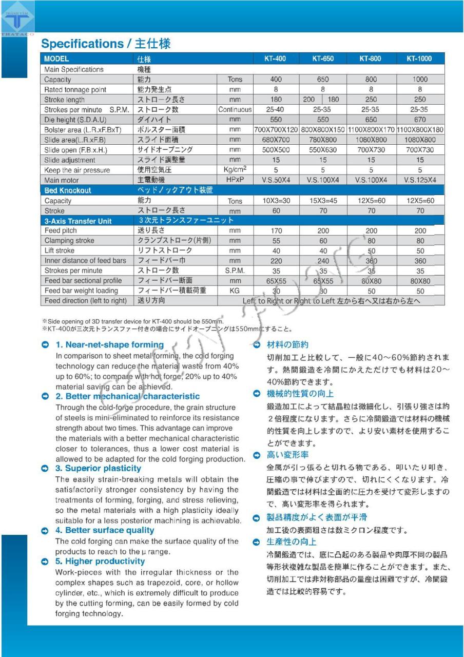 thông số Máy Dập Nguội KT Series