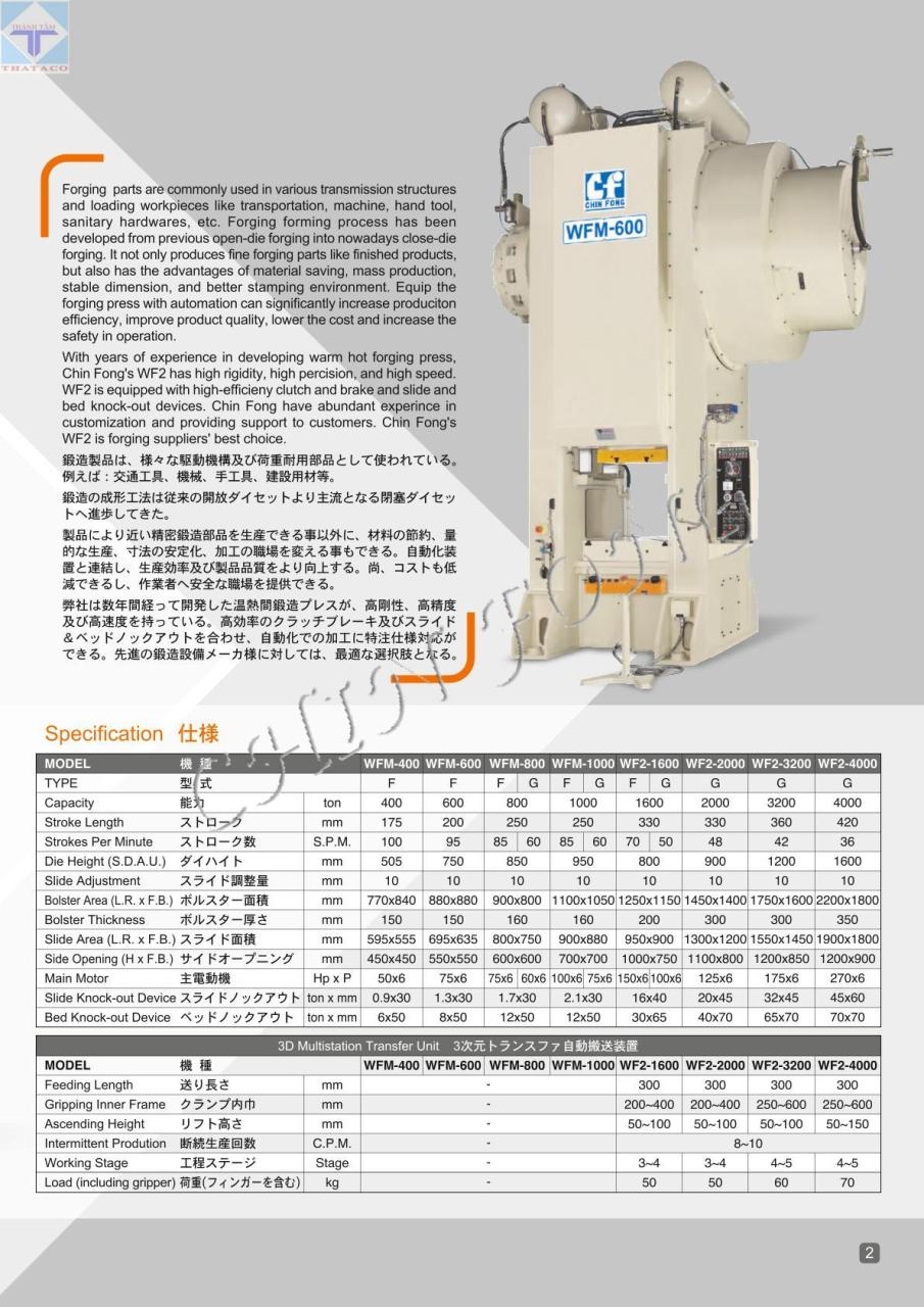 thông số Máy Dập Nóng WF Series